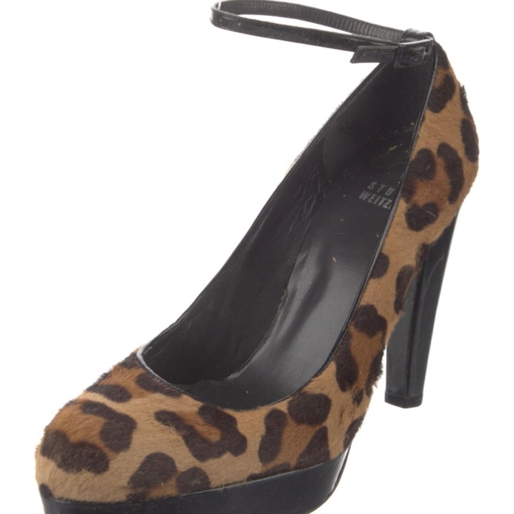 Stuart Weitzman Pony Hair Leopard Animal Print Heels Leather Pumps Strap  7